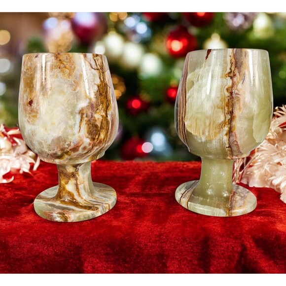 Green onyx wine glass set, champagne glasses, goblets Christmas gift for couple - Picture 1 of 8
